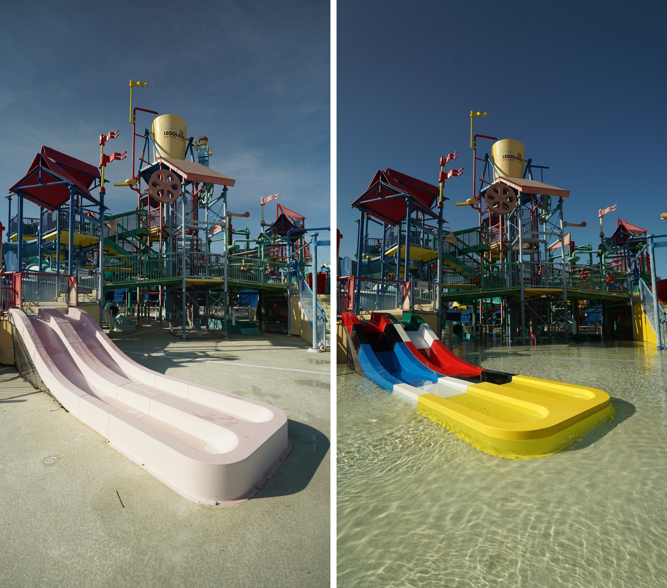 Before and after comparison of refurbished water slide at water park